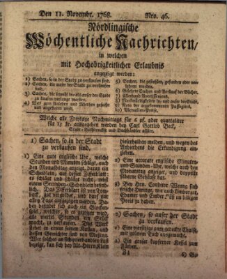 Nördlingische wöchentliche Nachrichten (Intelligenzblatt der Königlich Bayerischen Stadt Nördlingen) Freitag 11. November 1768