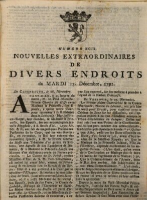 Nouvelles extraordinaires de divers endroits Dienstag 13. Dezember 1791