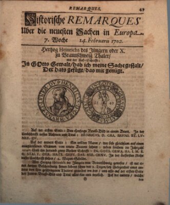 Historische Remarques über neuesten Sachen in Europa des ... Jahres Dienstag 14. Februar 1702