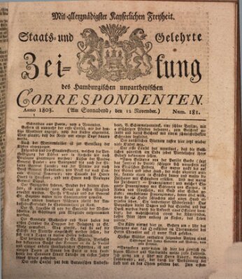 Staats- und gelehrte Zeitung des Hamburgischen unpartheyischen Correspondenten Samstag 12. November 1803