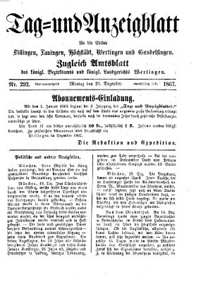 Tag- und Anzeigblatt für die Städte Dillingen, Lauingen, Höchstädt, Wertingen und Gundelfingen (Tagblatt für die Städte Dillingen, Lauingen, Höchstädt, Wertingen und Gundelfingen) Montag 23. Dezember 1867