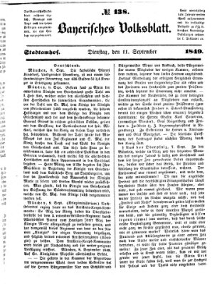 Bayerisches Volksblatt (Regensburger Morgenblatt) Dienstag 11. September 1849