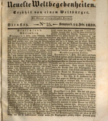 Neueste Weltbegebenheiten (Kemptner Zeitung) Dienstag 12. Februar 1833