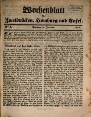 Wochenblatt für Zweibrücken, Homburg und Cusel (Zweibrücker Wochenblatt) Freitag 3. Januar 1840