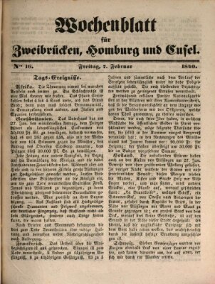 Wochenblatt für Zweibrücken, Homburg und Cusel (Zweibrücker Wochenblatt) Freitag 7. Februar 1840
