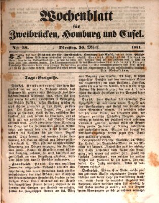 Wochenblatt für Zweibrücken, Homburg und Cusel (Zweibrücker Wochenblatt) Dienstag 30. März 1841