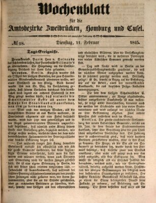 Wochenblatt für die Amtsbezirke Zweibrücken, Homburg und Cusel (Zweibrücker Wochenblatt) Dienstag 11. Februar 1845