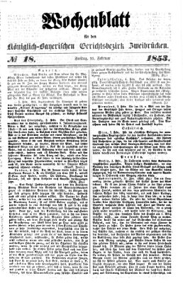 Wochenblatt für den Königlich-Bayerischen Gerichtsbezirk Zweibrücken (Zweibrücker Wochenblatt) Freitag 11. Februar 1853