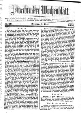 Zweibrücker Wochenblatt Dienstag 21. April 1857