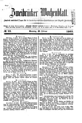 Zweibrücker Wochenblatt Sonntag 22. Februar 1863