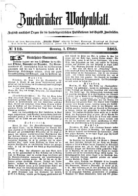 Zweibrücker Wochenblatt Sonntag 1. Oktober 1865