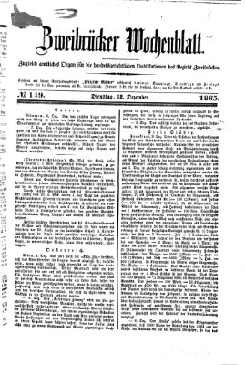Zweibrücker Wochenblatt Dienstag 12. Dezember 1865