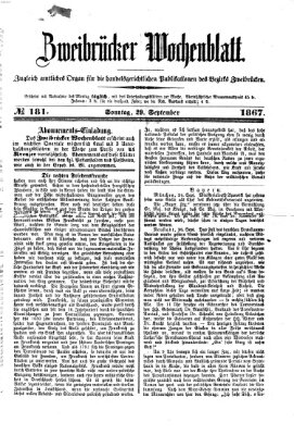 Zweibrücker Wochenblatt Sonntag 29. September 1867