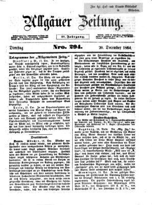Allgäuer Zeitung Dienstag 20. Dezember 1864