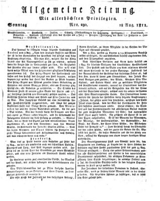 Allgemeine Zeitung Sonntag 18. August 1811