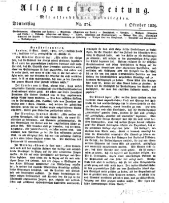 Allgemeine Zeitung Donnerstag 1. Oktober 1829