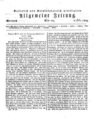 Kaiserlich- und Kurpfalzbairisch privilegirte allgemeine Zeitung (Allgemeine Zeitung) Mittwoch 2. Oktober 1805