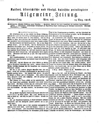 Kaiserlich- und Kurpfalzbairisch privilegirte allgemeine Zeitung (Allgemeine Zeitung) Donnerstag 14. August 1806