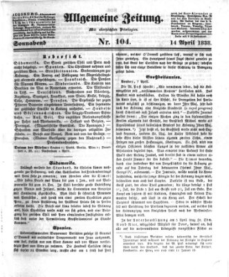 Allgemeine Zeitung Samstag 14. April 1838