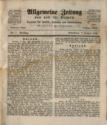 Allgemeine Zeitung von und für Bayern (Fränkischer Kurier) Montag 7. Januar 1839