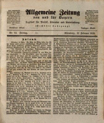Allgemeine Zeitung von und für Bayern (Fränkischer Kurier) Freitag 22. Februar 1839