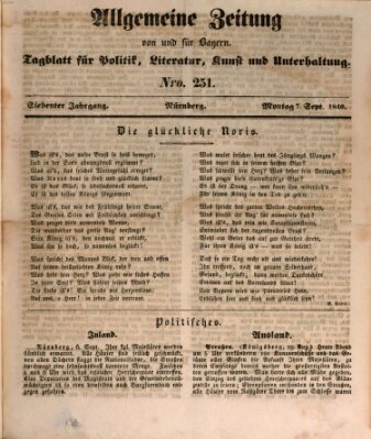 Allgemeine Zeitung von und für Bayern (Fränkischer Kurier) Montag 7. September 1840
