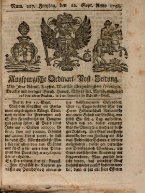 Augspurgische Ordinari-Post-Zeitung (Augsburger Postzeitung) Freitag 22. September 1758