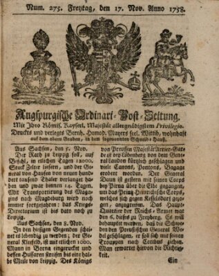 Augspurgische Ordinari-Post-Zeitung (Augsburger Postzeitung) Freitag 17. November 1758