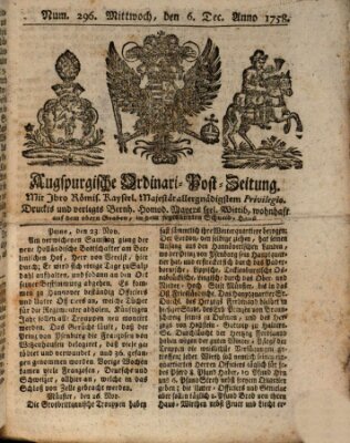 Augspurgische Ordinari-Post-Zeitung (Augsburger Postzeitung) Mittwoch 6. Dezember 1758