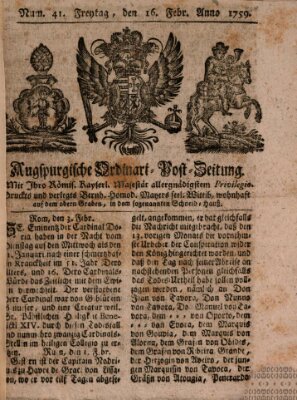 Augspurgische Ordinari-Post-Zeitung (Augsburger Postzeitung) Freitag 16. Februar 1759