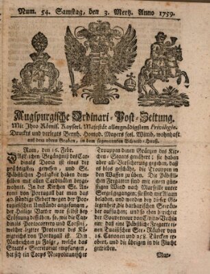 Augspurgische Ordinari-Post-Zeitung (Augsburger Postzeitung) Samstag 3. März 1759