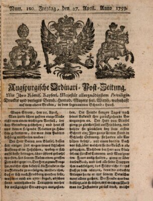 Augspurgische Ordinari-Post-Zeitung (Augsburger Postzeitung) Freitag 27. April 1759