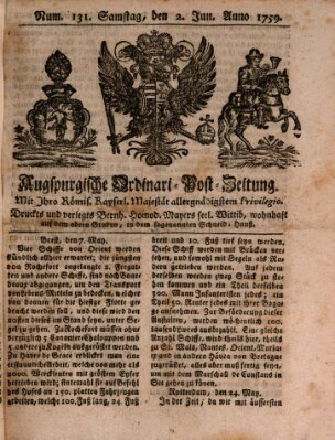 Augspurgische Ordinari-Post-Zeitung (Augsburger Postzeitung) Samstag 2. Juni 1759