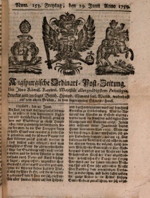Augspurgische Ordinari-Post-Zeitung (Augsburger Postzeitung) Freitag 29. Juni 1759
