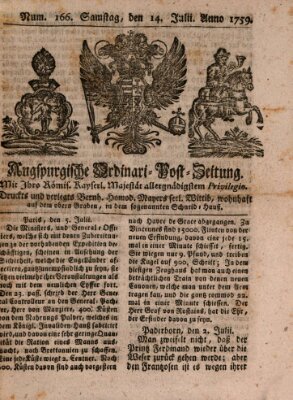 Augspurgische Ordinari-Post-Zeitung (Augsburger Postzeitung) Samstag 14. Juli 1759
