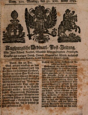 Augspurgische Ordinari-Post-Zeitung (Augsburger Postzeitung) Montag 31. Dezember 1759