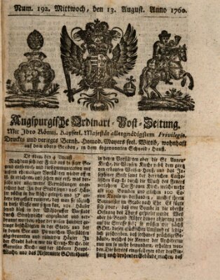 Augspurgische Ordinari-Post-Zeitung (Augsburger Postzeitung) Mittwoch 13. August 1760