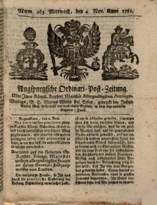 Augspurgische Ordinari-Post-Zeitung (Augsburger Postzeitung) Mittwoch 4. November 1761