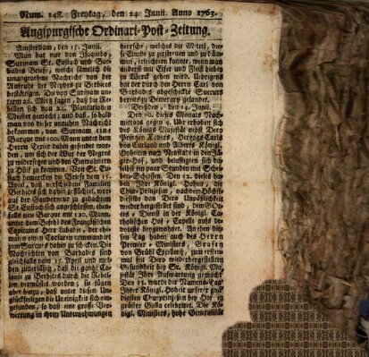 Augspurgische Ordinari-Post-Zeitung (Augsburger Postzeitung) Freitag 24. Juni 1763