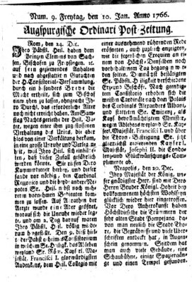Augspurgische Ordinari-Post-Zeitung (Augsburger Postzeitung) Freitag 10. Januar 1766