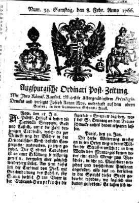 Augspurgische Ordinari-Post-Zeitung (Augsburger Postzeitung) Samstag 8. Februar 1766
