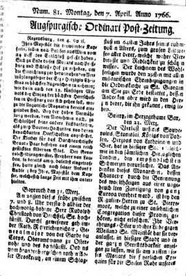 Augspurgische Ordinari-Post-Zeitung (Augsburger Postzeitung) Montag 7. April 1766