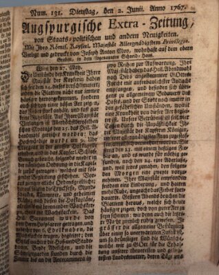 Augsburgische Ordinari Postzeitung von Staats-, gelehrten, historisch- u. ökonomischen Neuigkeiten (Augsburger Postzeitung) Dienstag 2. Juni 1767