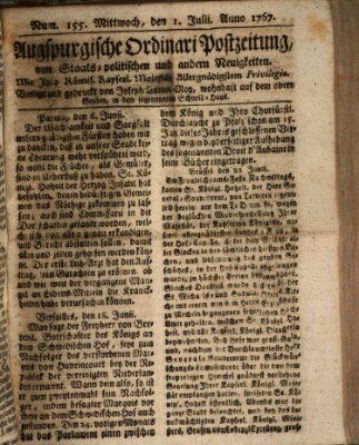 Augsburgische Ordinari Postzeitung von Staats-, gelehrten, historisch- u. ökonomischen Neuigkeiten (Augsburger Postzeitung) Mittwoch 1. Juli 1767