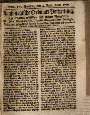 Augsburgische Ordinari Postzeitung von Staats-, gelehrten, historisch- u. ökonomischen Neuigkeiten (Augsburger Postzeitung) Samstag 4. Juli 1767