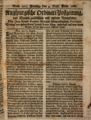 Augsburgische Ordinari Postzeitung von Staats-, gelehrten, historisch- u. ökonomischen Neuigkeiten (Augsburger Postzeitung) Freitag 4. September 1767