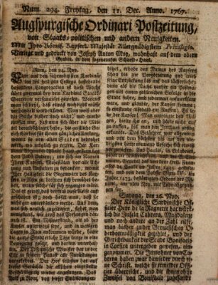 Augsburgische Ordinari Postzeitung von Staats-, gelehrten, historisch- u. ökonomischen Neuigkeiten (Augsburger Postzeitung) Freitag 11. Dezember 1767