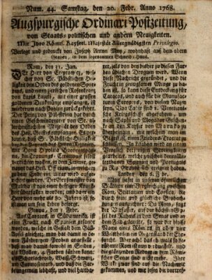 Augsburgische Ordinari Postzeitung von Staats-, gelehrten, historisch- u. ökonomischen Neuigkeiten (Augsburger Postzeitung) Samstag 20. Februar 1768