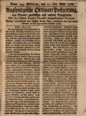 Augsburgische Ordinari Postzeitung von Staats-, gelehrten, historisch- u. ökonomischen Neuigkeiten (Augsburger Postzeitung) Mittwoch 12. Oktober 1768
