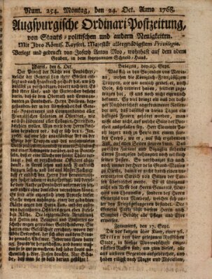 Augsburgische Ordinari Postzeitung von Staats-, gelehrten, historisch- u. ökonomischen Neuigkeiten (Augsburger Postzeitung) Montag 24. Oktober 1768